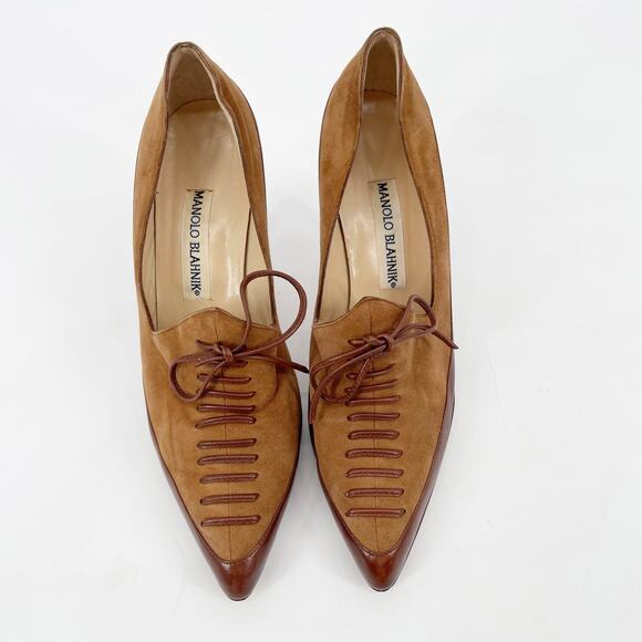 Vintage Manolo Blahnik Two-Tone Camel Brown Oxford Lace-Up Pump Heels IT 38 - Picture 8 of 13